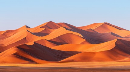A panoramic view of a desert landscape with sand dunes and mountains.