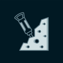 Line Construction jackhammer and stone icon isolated on black background. Flat filled outline style with shadow. Vector