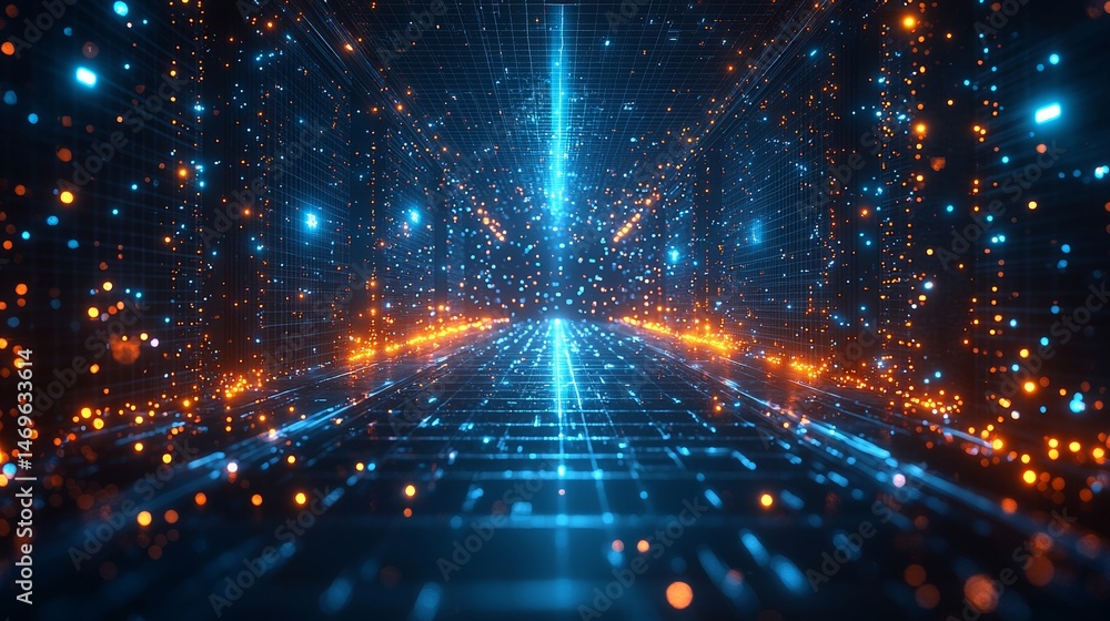 Poster big data transfer connection simulation platform featuring futuristic fly-through system check analy