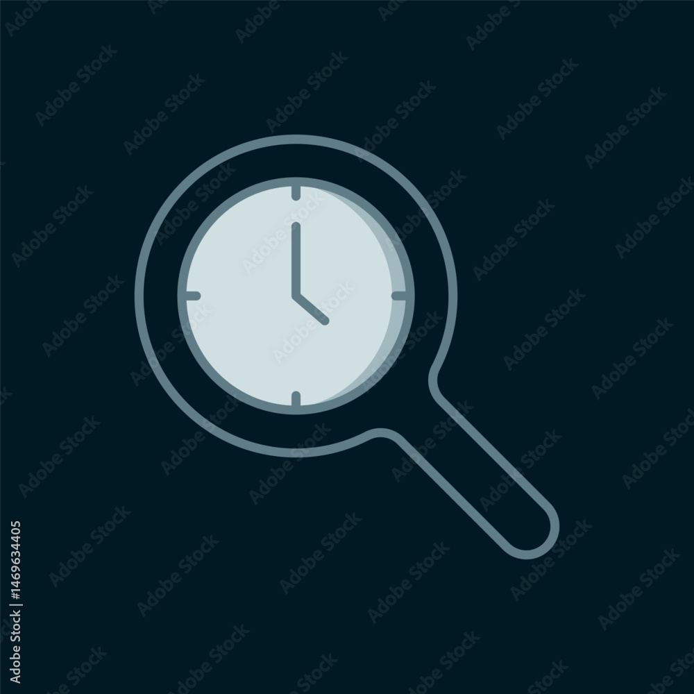 Aufkleber line magnifying glass with clock icon isolated on black background. clock search. flat filled outlin