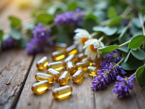 C&aacute;psulas de hierbas derramadas sobre una mesa de madera r&uacute;stica, rodeadas de hojas secas de lavanda, manzanilla y eucalipto
