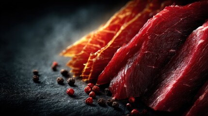 Close-up of a piece of beef on a table emphasizing the rich texture and color in a mixed meat presentation layout
