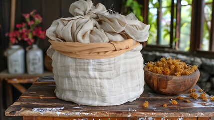 Rustic arrangement featuring a bag of organic goods alongside wooden bowl of berries
