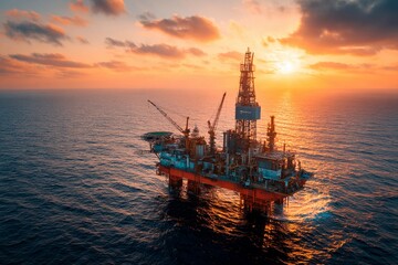An offshore oil rig stands tall amidst gentle waves as the sun sets on the horizon. The vibrant colors of dusk reflect off the water, creating a serene atmosphere for workers