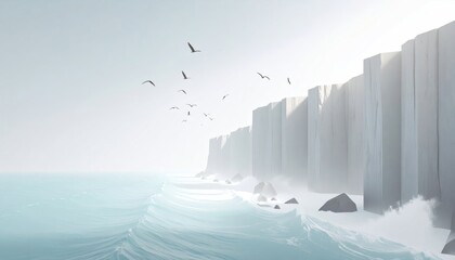 Abstract Cliffs and Ocean with Birds