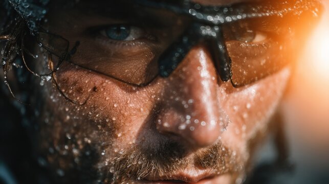 Focused man with wet hair cycling intensely on an outdoor trail under the bright sunlight while dripping with sweat