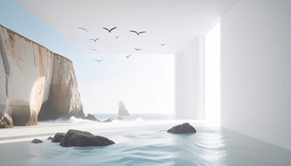 Seascape View From Indoor Area with Cliff, Birds and Rock