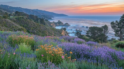 Coastal sunset over a vibrant wildflower meadow