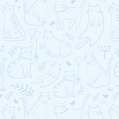 Seamless pattern with cute Kittens in diferent style. Creative childish texture. Great for fabric, textile Vector Illustration
