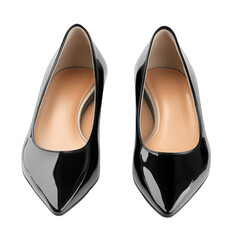 Elegant black patent leather pointed toe high heels on white background
