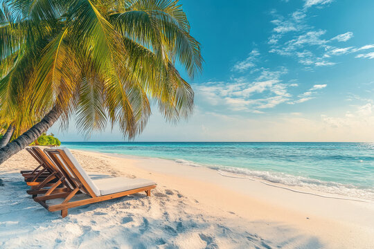 White sand and coco palms travel tourism wide panorama background concept.
