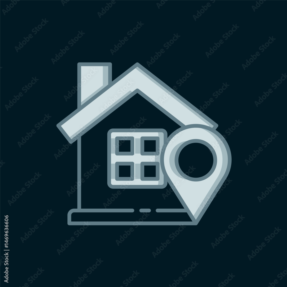 Poster line map pointer with house icon isolated on black background. home location marker symbol. flat fil