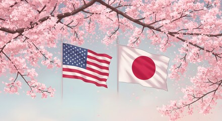 American and Japanese Flags Under Cherry Blossoms