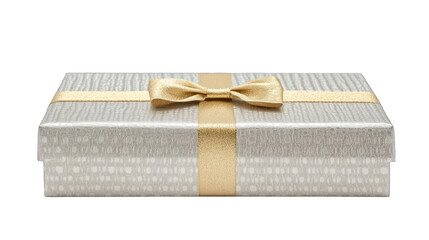 Silver gift box with golden ribbon on white background presenting elegant luxury