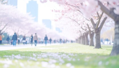 Cherry Blossom Park with People Walking