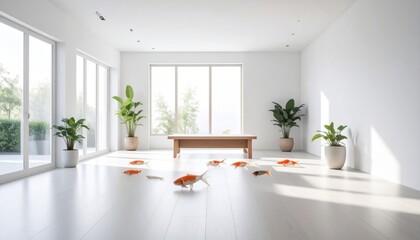 Fish in Bright Room with Plants and Table