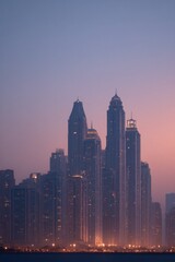 close-up of dubai iconic skyline at dusk enveloped in soft light with prominent architectural structures