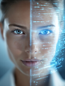 E-Passfoto Konzept futuristisches Technologie-Portr&auml;t einer Frau mit digitalem Gesichtsscan und leuchtenden blauen Dateneffekten.