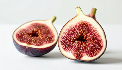 Fresh Cut Fig Halves on White Surface with Intense Lighting Showcasing Unique Texture and Color Details in High Key Exposure