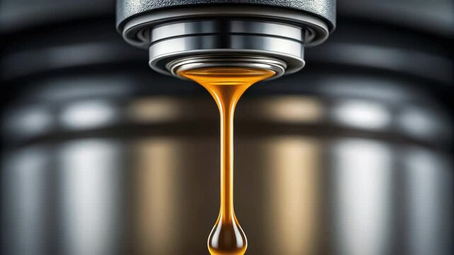 Close up of hydraulic mechanism releasing golden liquid drop with smooth flow and precise control in industrial metallic environment