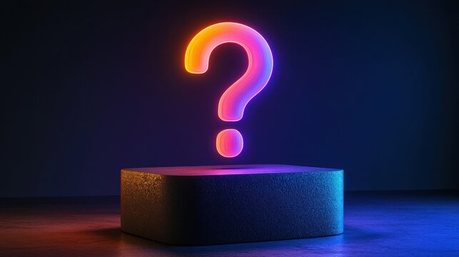 Neon question mark on a platform