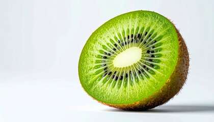 Freshly Sliced Kiwi on Pure White Background with Studio Lighting, Showcasing the Vibrant Green Flesh and Tiny Seeds