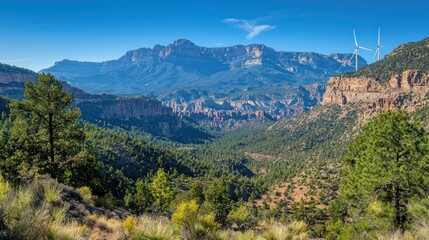 Mountain valley vista with wind turbines