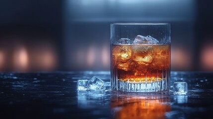 A refreshing glass of amber liquor with ice cubes glistens on a dark, wet surface creating a cool and inviting atmosphere for relaxation and enjoyment at night.