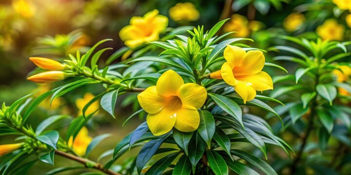 Thevetia Peruviana Yellow Flower In The Leaves, Tropical foliage