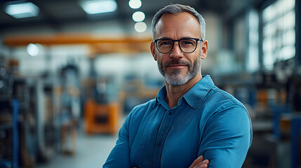 Obraz premium A man in a blue shirt and glasses stands in a factory
