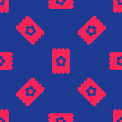 Red Pack full of seeds of a specific plant icon isolated seamless pattern on blue background. Vector