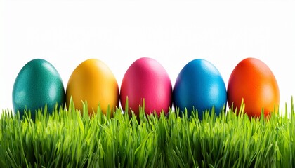 Fototapeta premium colorful easter eggs in the grass isolated on a white background with copy space suitable for banner design
