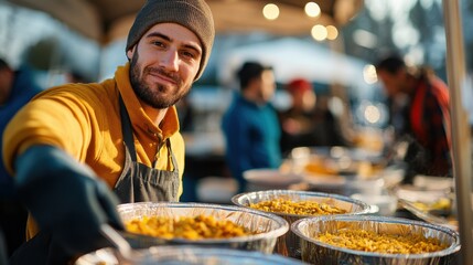 A young man smiles warmly as he serves food from large catering dishes.  He's wearing a mustard yellow shirt and an apron.