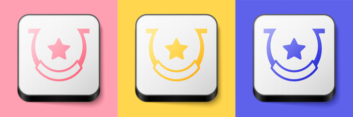 Isometric Horseshoe icon isolated on pink, yellow and blue background. Square button. Vector