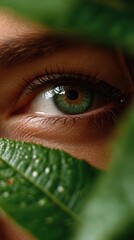 Obraz premium Mysterious green eye peering through tropical leaves