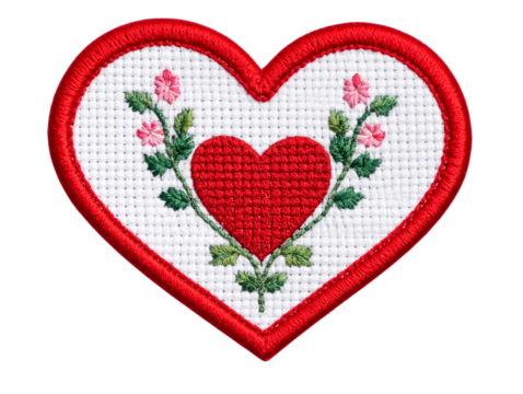 Heart-shaped embroidered patch, isolated on a transparent background 