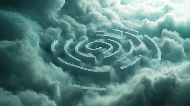 Overhead view of a circular maze partially obscured by clouds. The maze appears to be made of stone and is set against a cloudy sky, creating a dreamlike atmosphere.