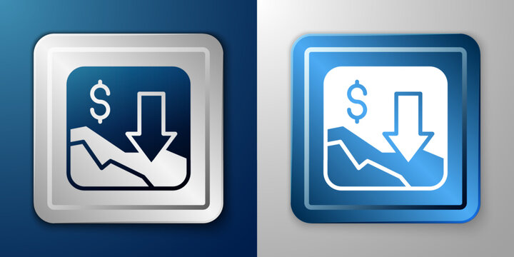 White Financial growth decrease icon isolated on blue and grey background. Increasing revenue. Silver and blue square button. Vector