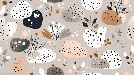 Playful and Artistic Pebble Pattern with Organic Elements and Abstract Shapes
