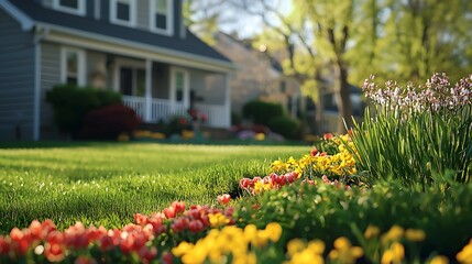 Obraz premium Modern Home with Green Lawn and Colorful Flower Garden in Front Yard