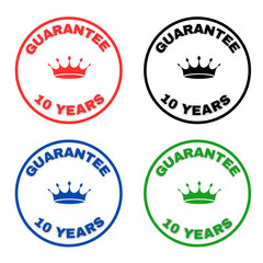 set of 10 years guarantee stamp, label, stamp tag, icon for advertising, marketing and promotion, stamp for packaging bag, box.