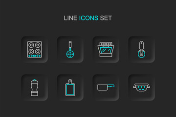 Naklejka premium Set line Kitchen colander, Frying pan, Cutting board, Pepper, Pizza knife, Oven, Spatula and Gas stove icon. Vector