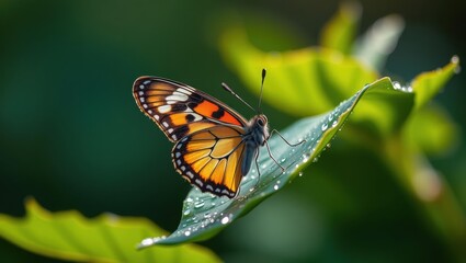 Obraz premium Colorful butterfly perched on green leaf with dew drops in nature