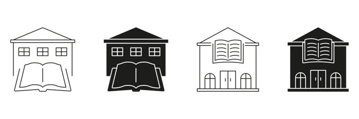 Library Building With Open Book Line And Solid Icon Set. Knowledge, Education, And Learning Institution Silhouette Symbol Collection. Academic Resource Center. Isolated Vector Illustration