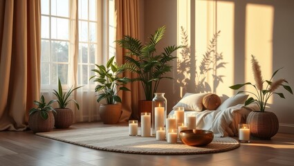 Cozy living room aesthetic with candles, plants, and warm light