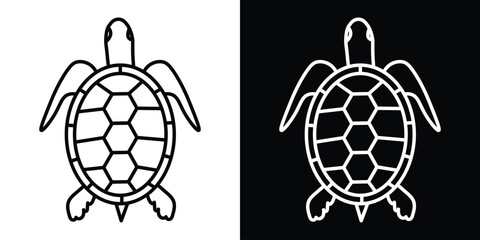Turtle icon vector in black and white. Simple sea turtle silhouette design, perfect for marine life, wildlife conservation, animal logo, nature symbol, and ecological education materials.