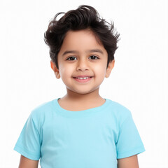 Indian little boy wearing light blue t-shirt.