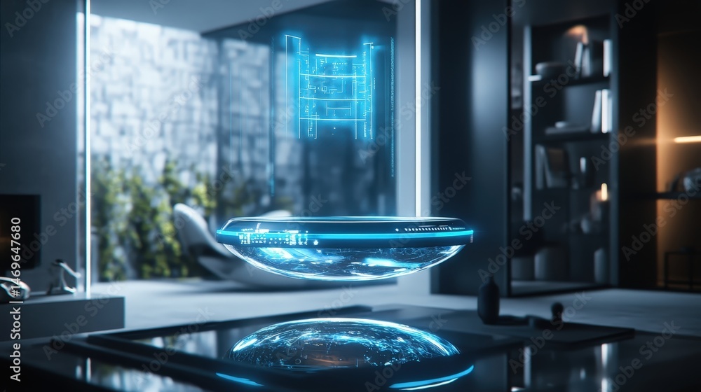 Poster a futuristic ai-powered assistant floating in a smart home, holographic interface glowing