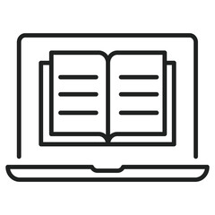 Book appears on a computer screen, showing online learning and digital education as a simple vector graphic for information.