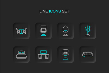 Fototapeta premium Set line Sofa, Office chair, desk, Big bed, Coat stand, Armchair, and Table with icon. Vector